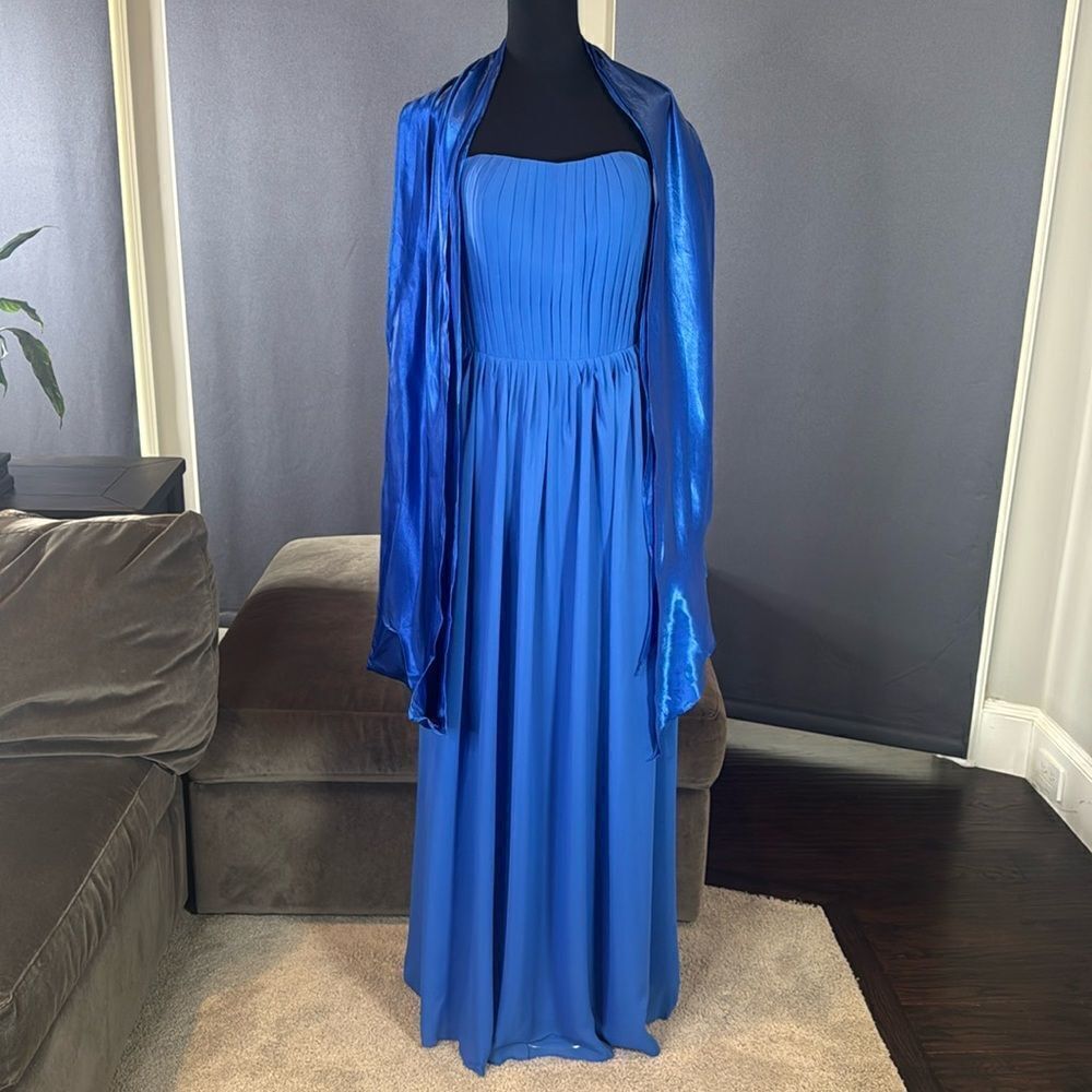Women’s Blue Full Length Strapless Formal Dress Matching Shawl Size XL (14) NEW